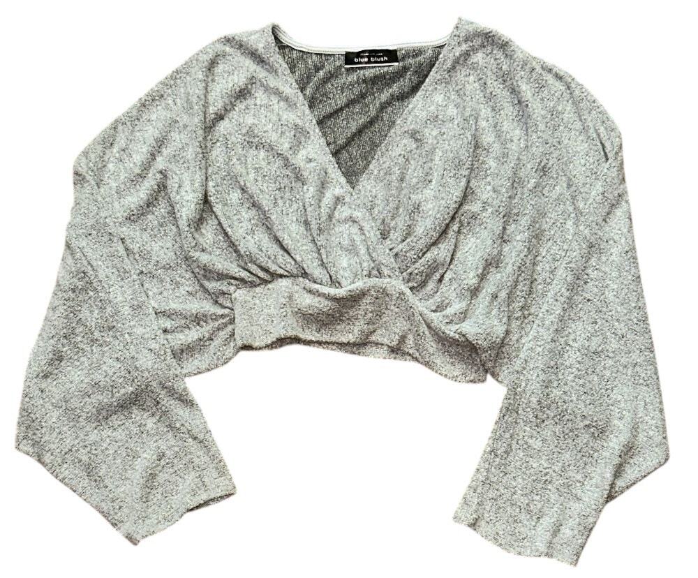 Blue Blush Textured Knit Faux Wrap Gray Crop Sweater Medium